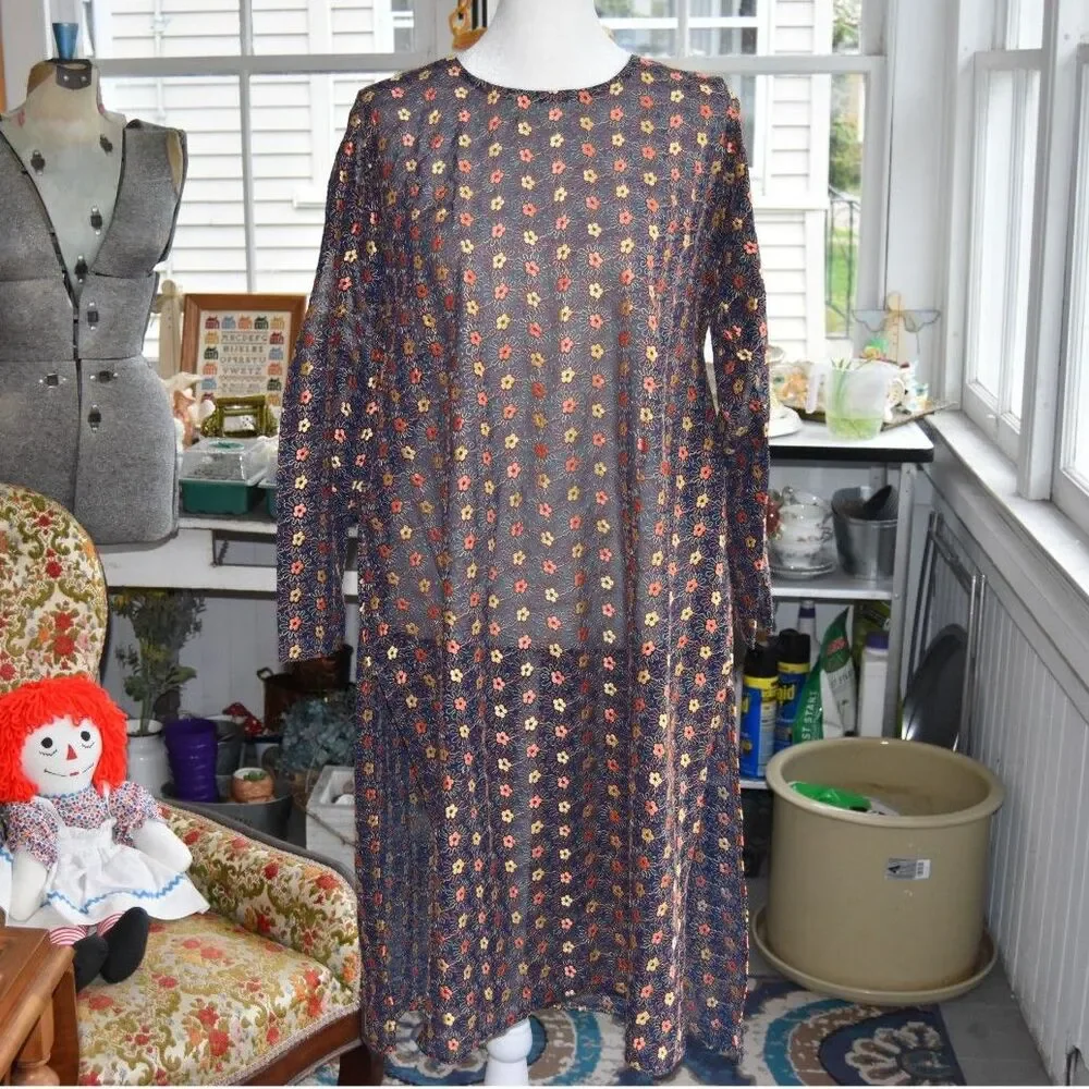 Vintage 60s Sheer Floral Hostess Dress Lamar Metal Zipper Side Slits Mod Medium